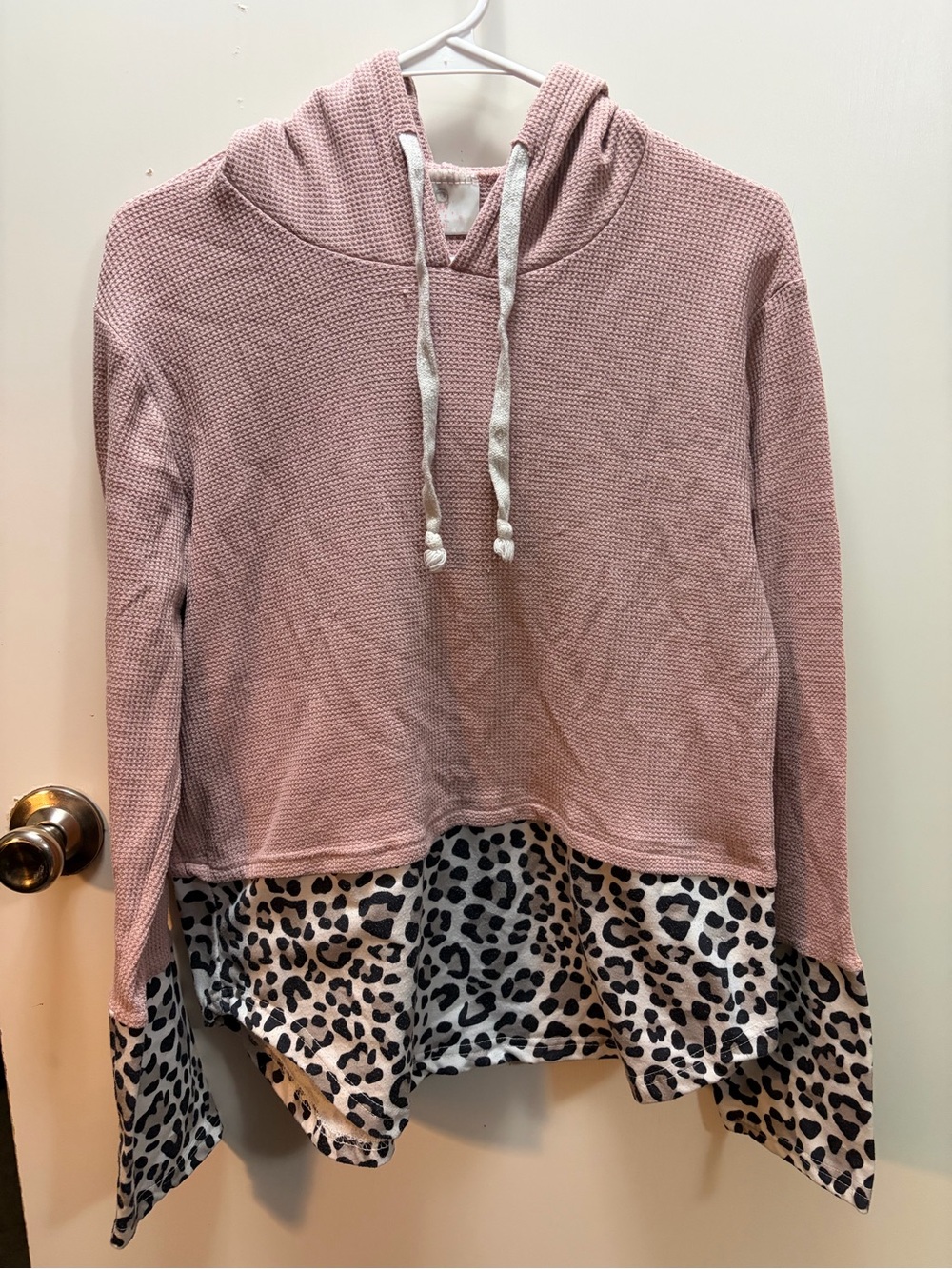 Girls' Dusty Pink Hooded Waffle Knit Top with Leopard Hem Trim
